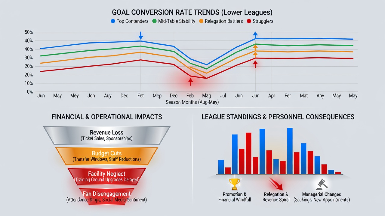 Graph illustrating midweek prediction accuracy variations linked to goal conversion fluctuations in lower leagues